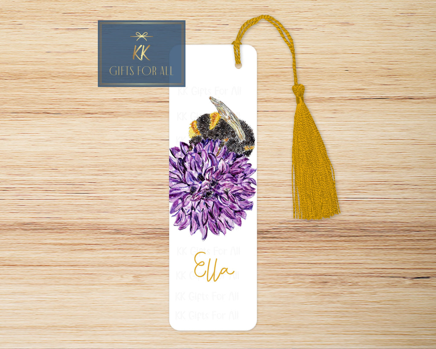Personalised Bee Chive Bookmark, Purple Chive Flower Bumble Bee Book Mark, Large Metal Book Mark, Bee Name