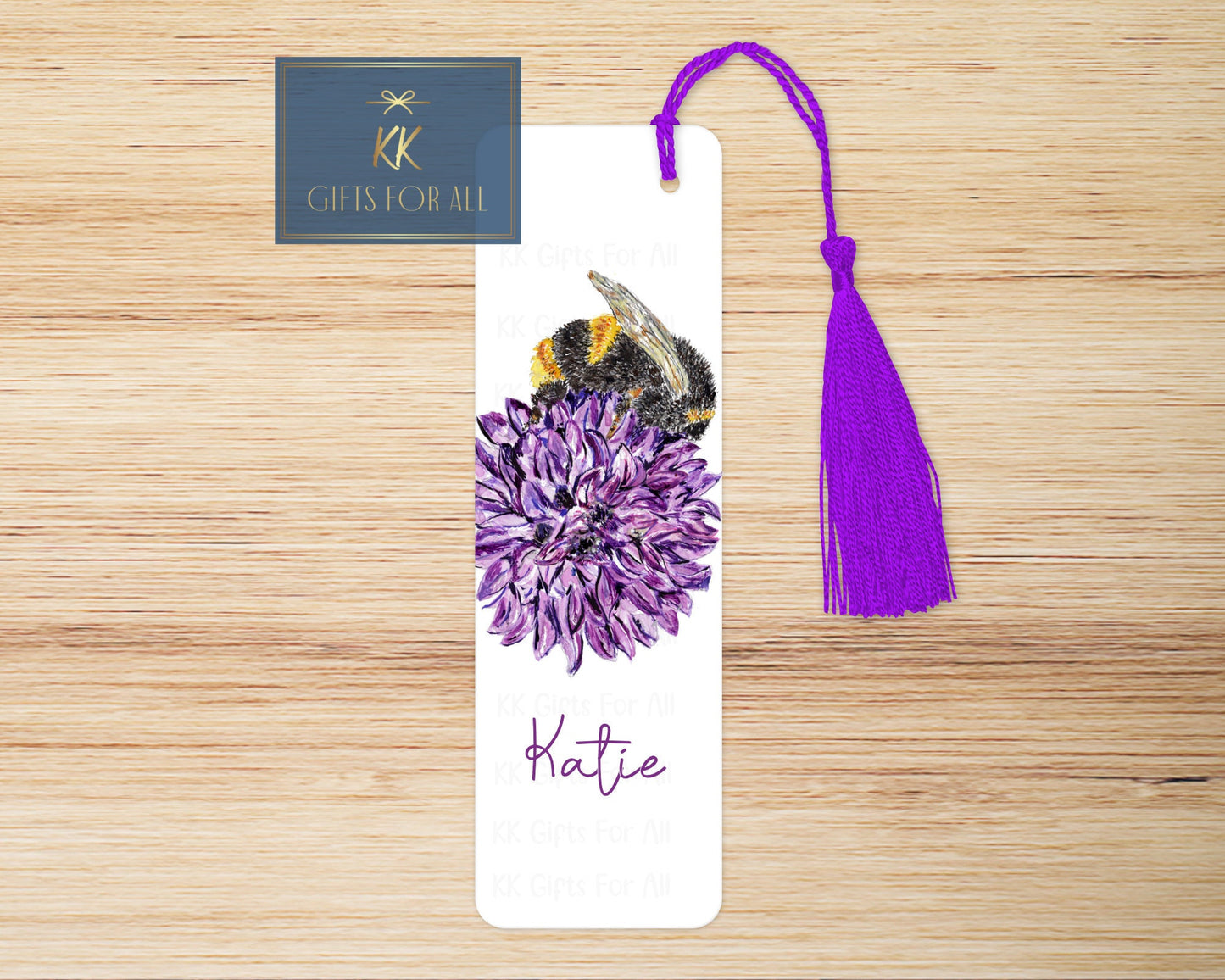 Personalised Bee Chive Bookmark, Purple Chive Flower Bumble Bee Book Mark, Large Metal Book Mark, Bee Name