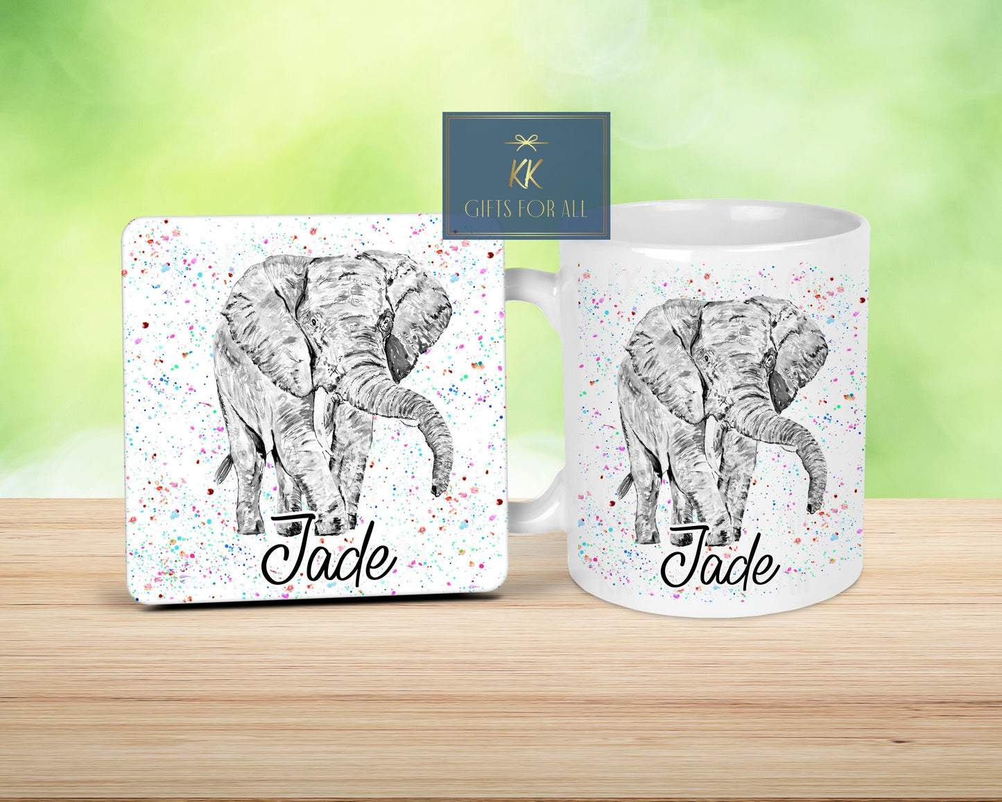 Grey Elephant Mug, Birthday Or Anniversary Gift Wife, Gifts For Friend, Mug And Coaster, Custom Gifts, Grey Elephant, Rainbow Background
