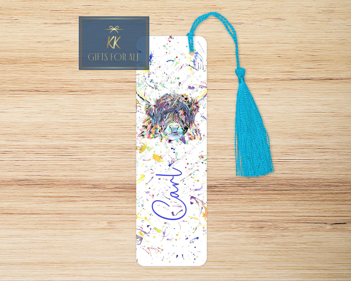 Personalised Highland Cow Bookmark, Birthday Gift For Her, Rainbow Colour Scottish Highland