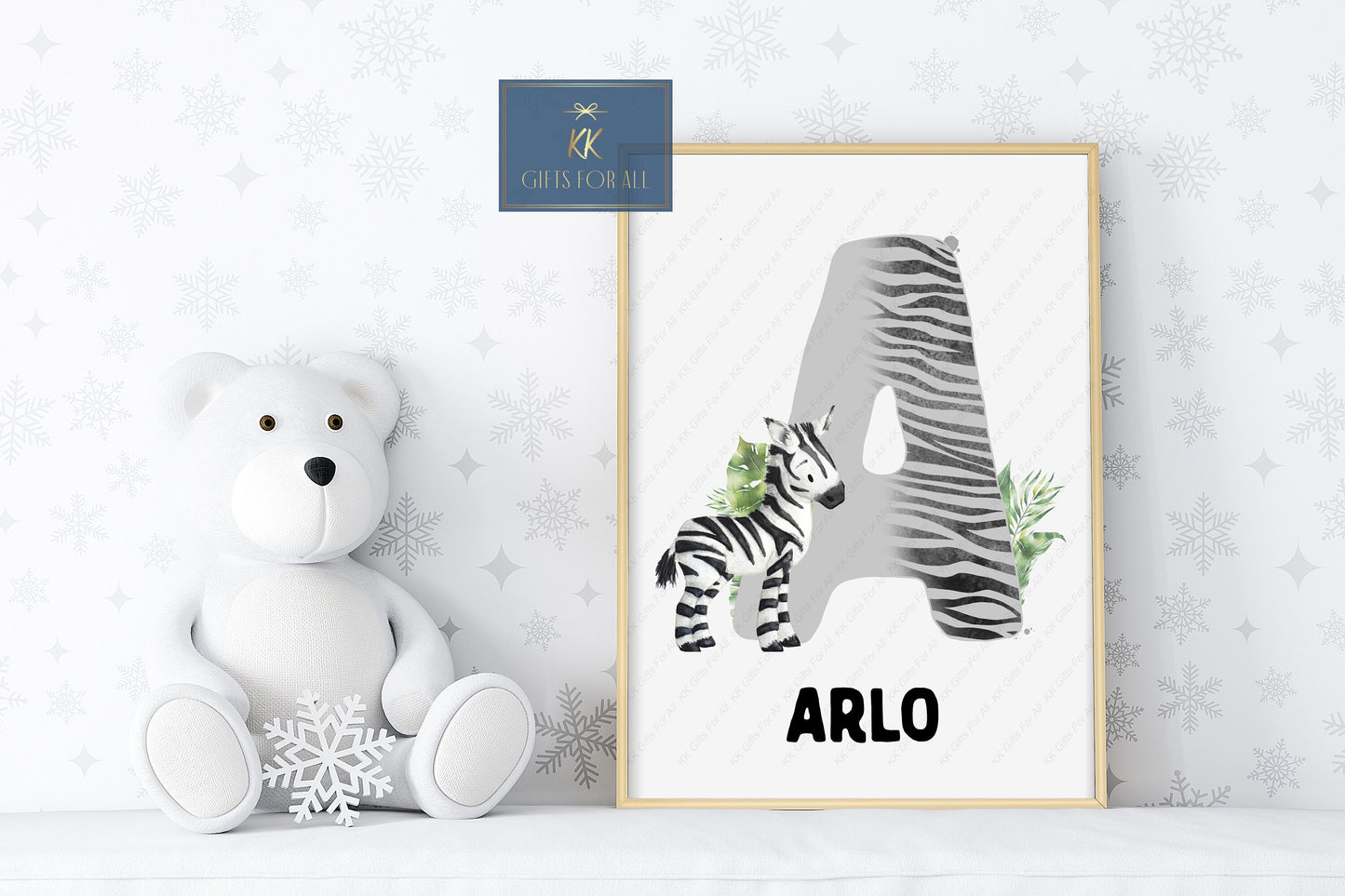 A4 Zebra Print, Zebra Initial & Name Wall Art, Cute Safari Zebra Wall Decor, Nursery Wall Art, Grey Initial, Black And White Safari Animal