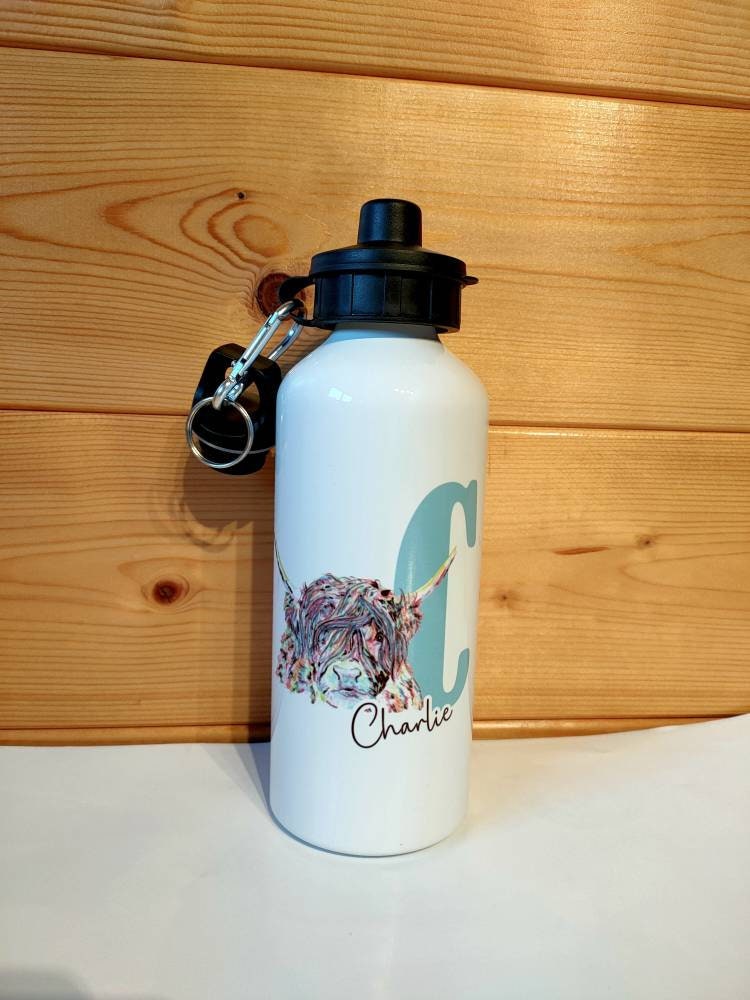 Personalised Highland Cow Initial Water Bottle, 600ML Aluminium Drink Bottle