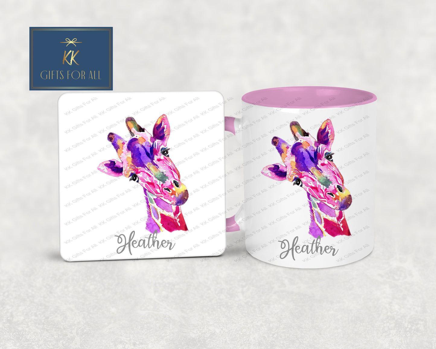 Personalised Giraffe Pink Handle Mug, Pink Watercolor Giraffe, Multi Coloured Sarari Giraffe Mug & Coaster, Custom Giraffe, Gifts For Female