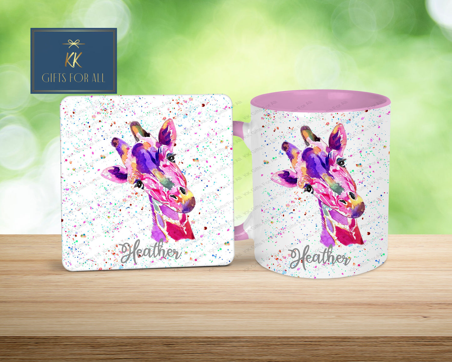 Watercolor Giraffe, Pink & Purple Giraffe,Gift For Her Birthday, Anniversary Gift For Wife, Personalised Mug And Coaster Gift,Custom Coaster