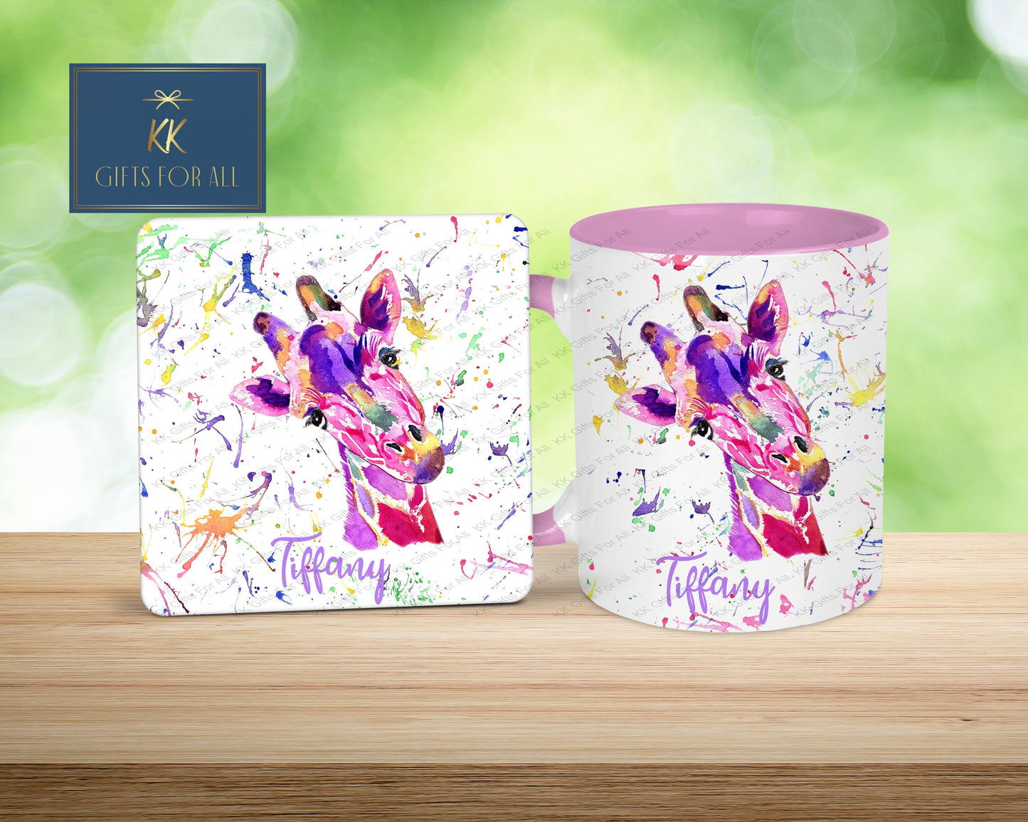 Rainbow Giraffe Personalised Mug , Gift For Friend, Birthday Or Anniversary Gift For Wife, Colourful Safari Giraffe, Cute Pink Mug & Coaster