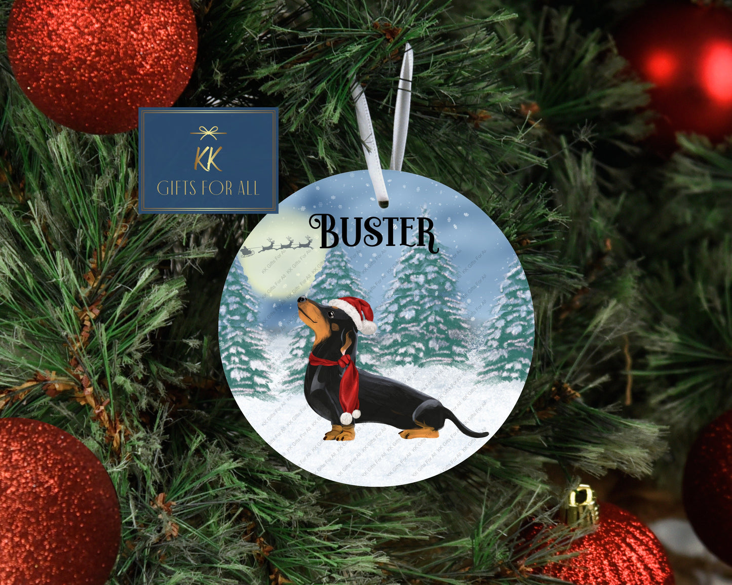 Personalised Dachshund Christmas Tree Decoration, Black & Brown Dachshund Metal Tree Hanging Ornament, Sausage Dog