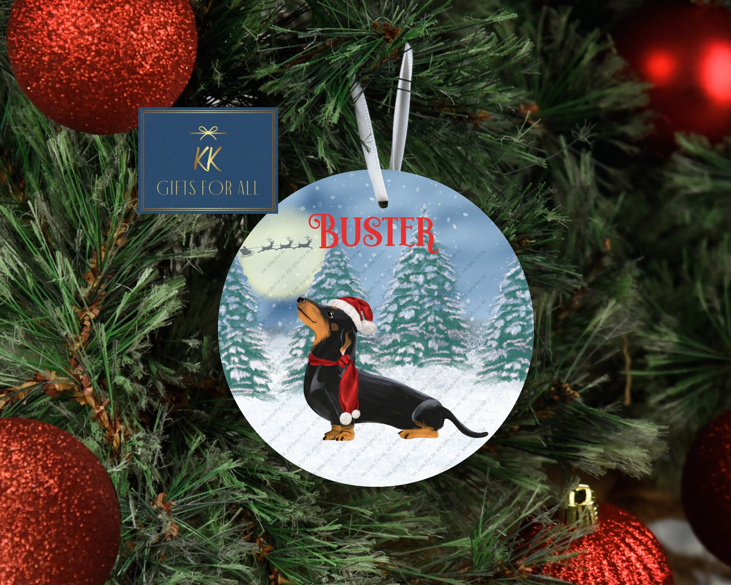 Personalised Dachshund Christmas Tree Decoration, Black & Brown Dachshund Metal Tree Hanging Ornament, Sausage Dog
