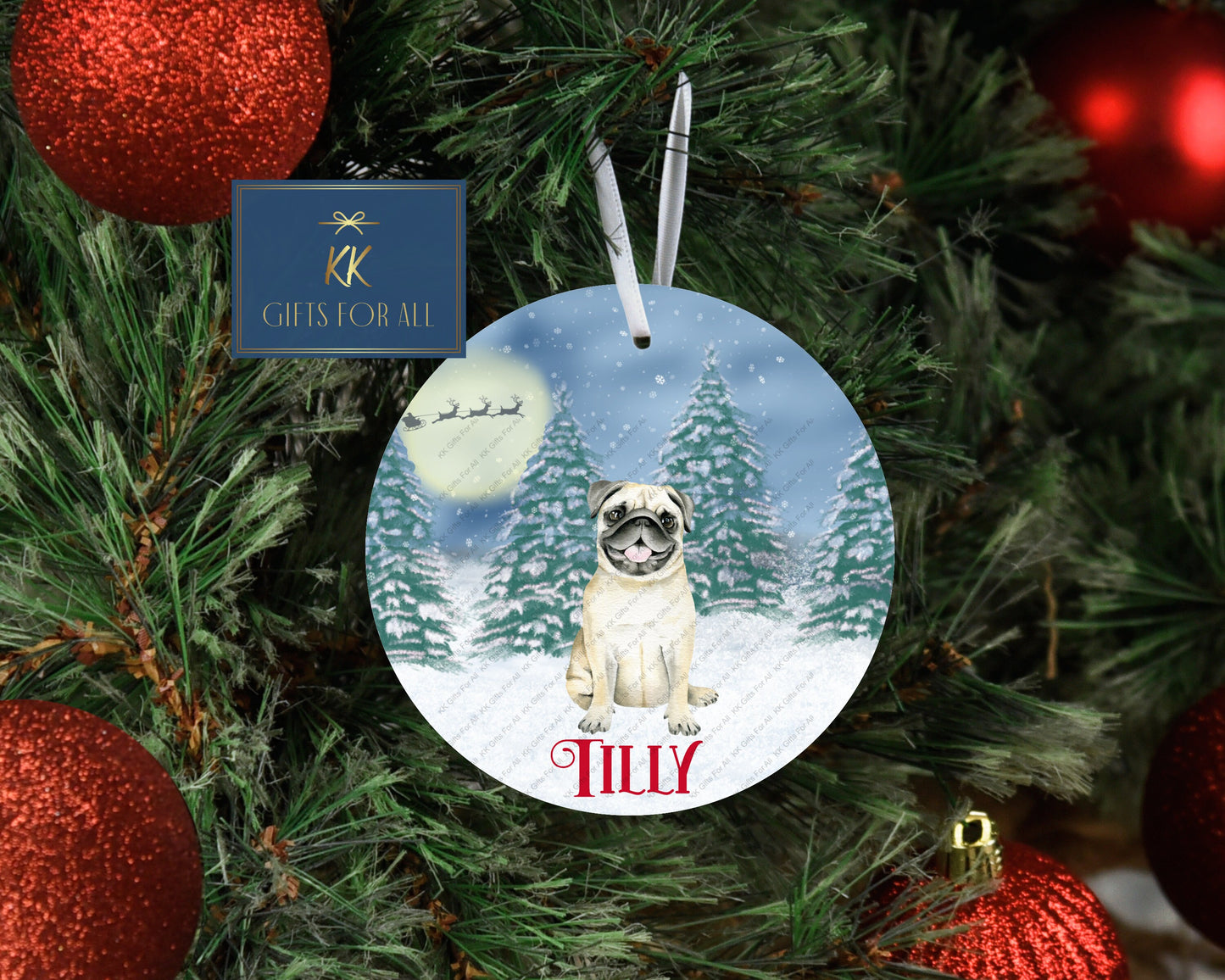 Personalised Christmas Tree Decoration, Fawn Xmas Pug, Christmas Hanging Ornament, Metal Tree Decoration, Pug Christmas Ears Hat, Cute Pug
