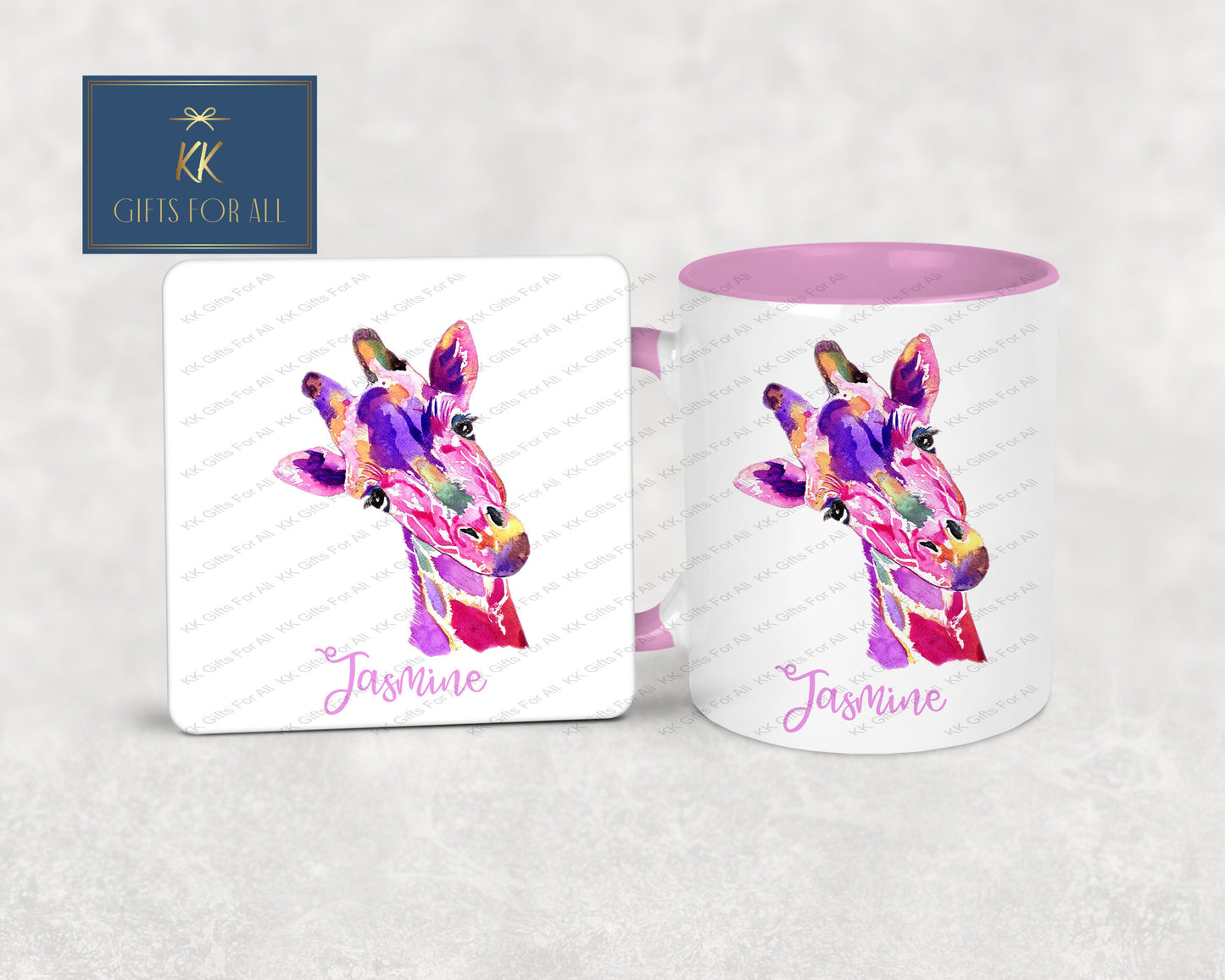 Personalised Giraffe Pink Handle Mug, Pink Watercolor Giraffe, Multi Coloured Sarari Giraffe Mug & Coaster, Custom Giraffe, Gifts For Female