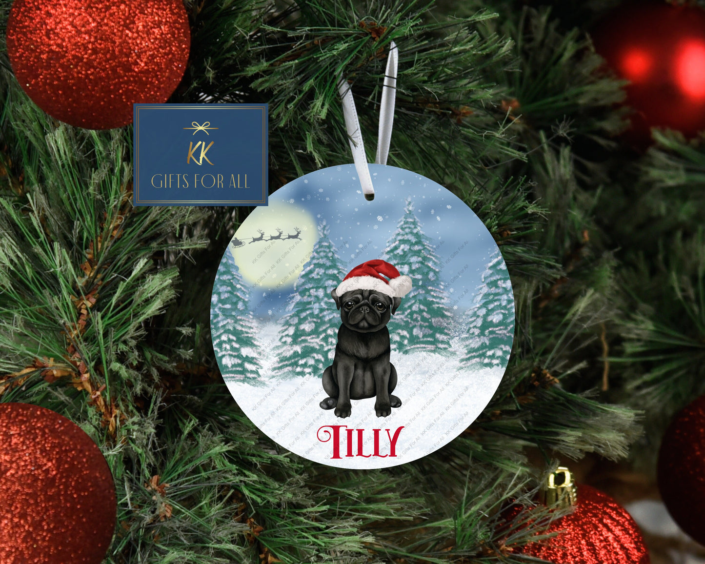 Personalised Christmas Black Pug Tree Decoration, Pug Metal Christmas Hanging Ornament