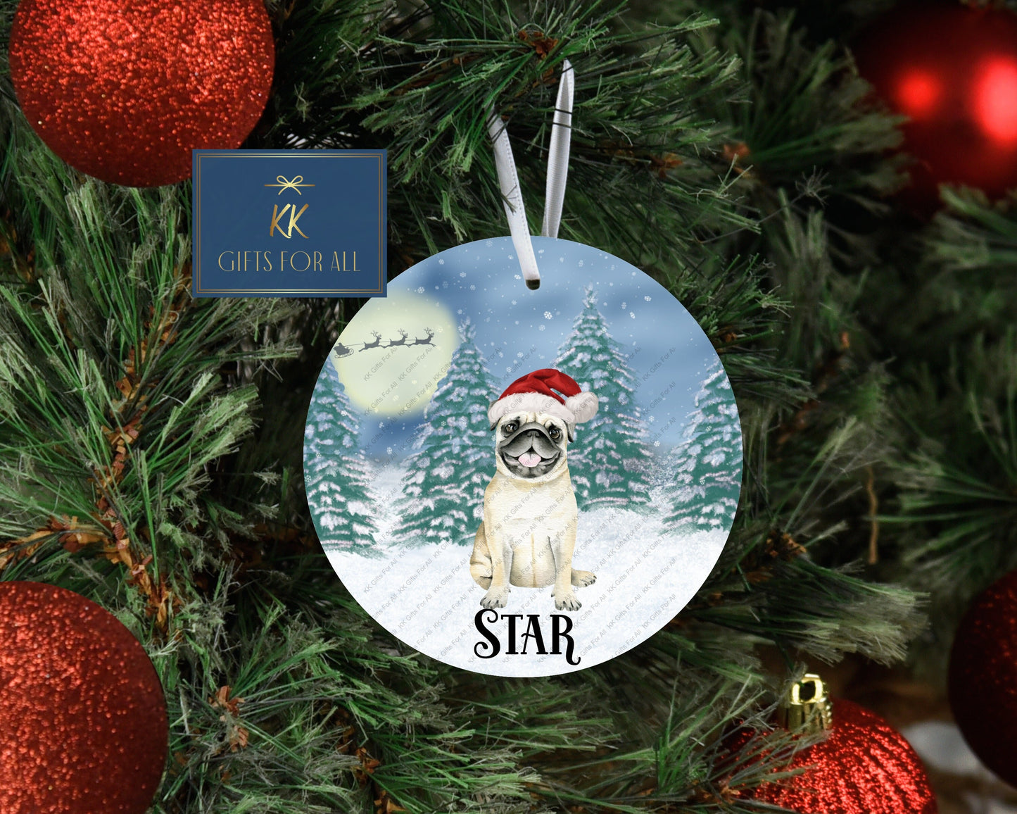 Personalised Christmas Tree Decoration, Fawn Xmas Pug, Christmas Hanging Ornament, Metal Tree Decoration, Pug Christmas Ears Hat, Cute Pug