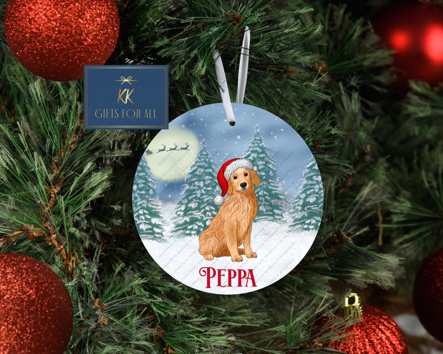 Personalised Christmas Tree Decoration, Golden Retriever Xmas Metal Hanging Dec, Santa Hat Golden Retrieve Ornament