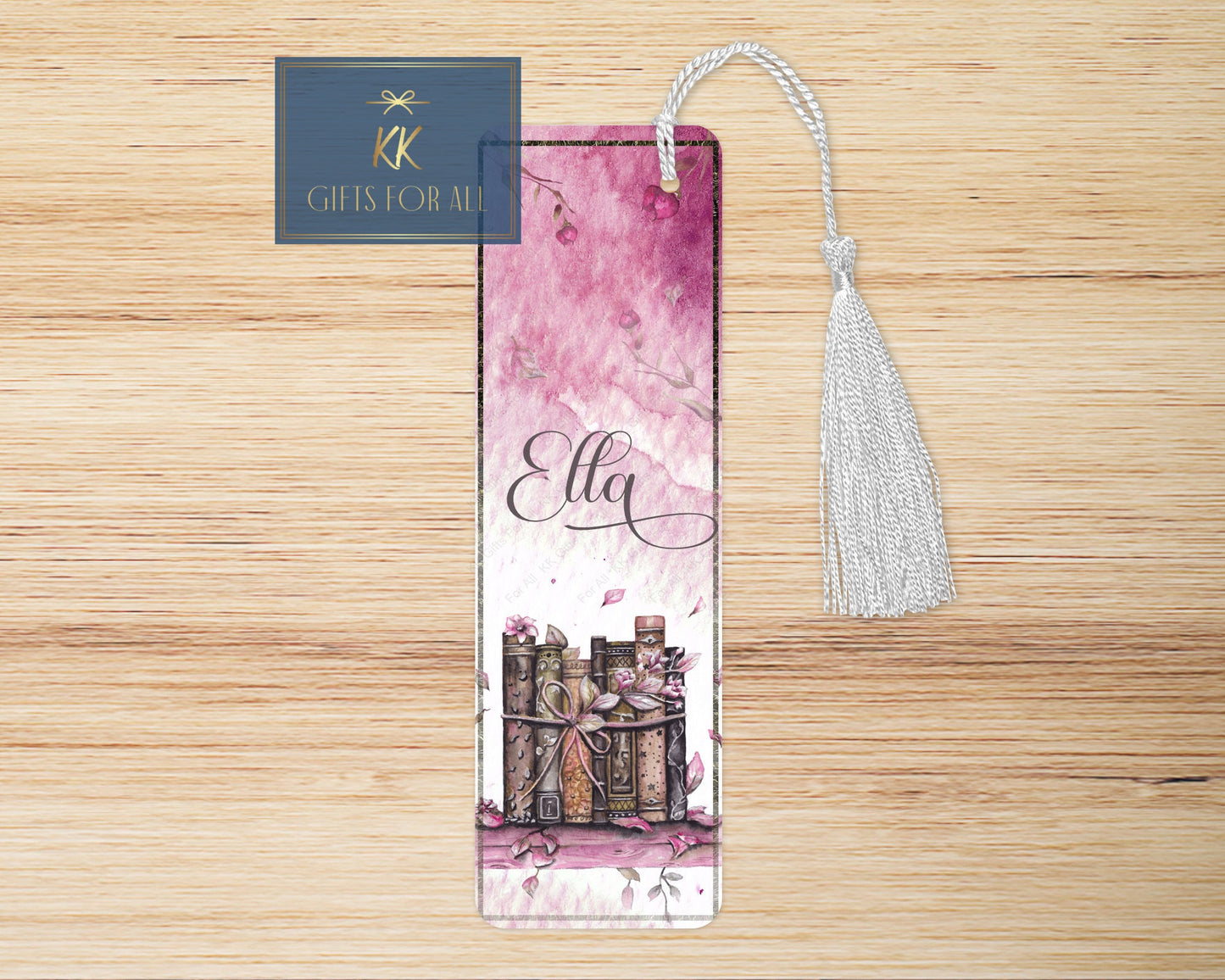 Pink Personalised Bookmark, Personalised Bookmark, Watercolour Book Stack Book Mark, Coloured Tassel, Letterbox Gifts, Girls Book Marker