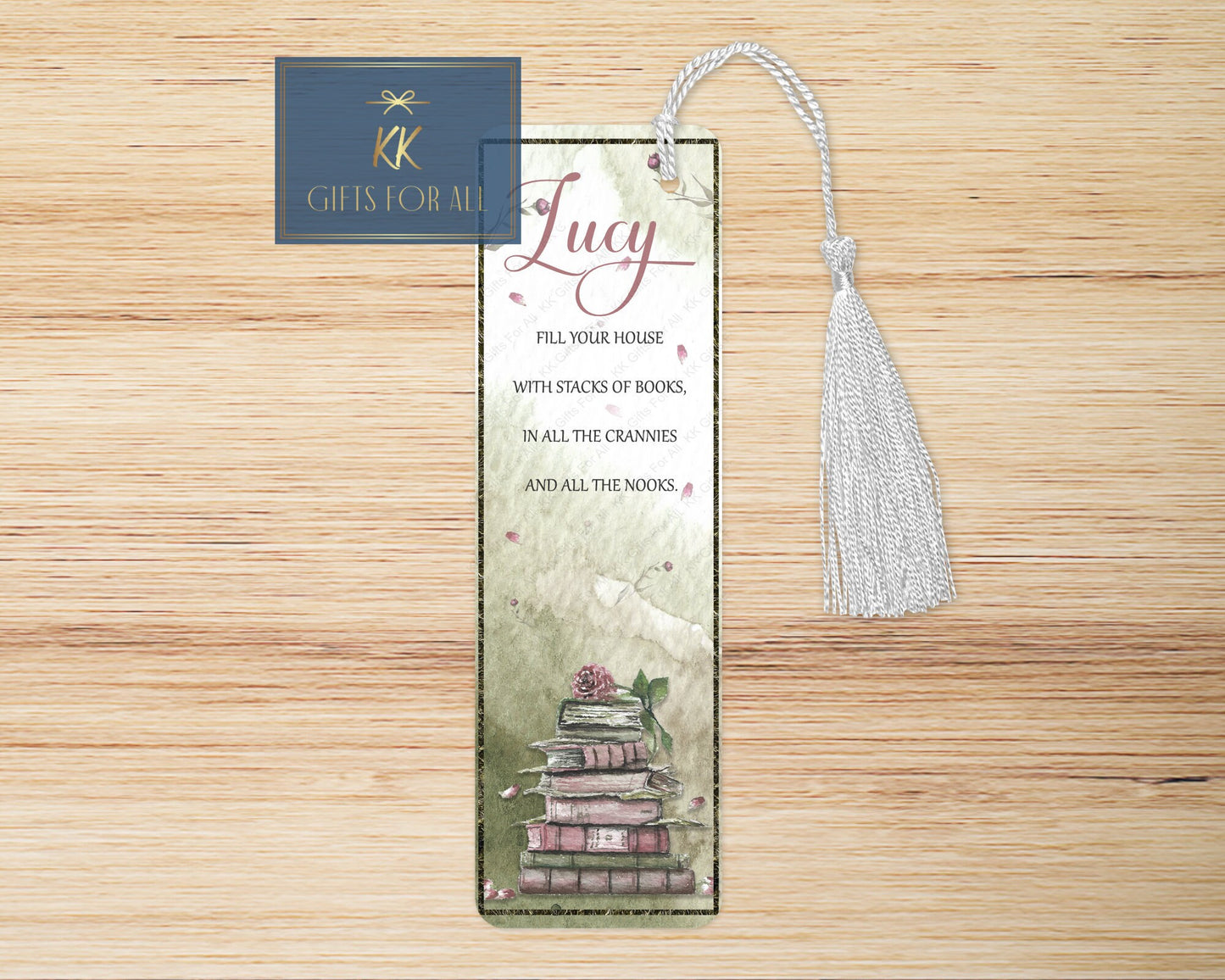 Green Bookmark, Personalised Bookmark, Watercolour Green Book Mark, Book Stack Bookmarker,