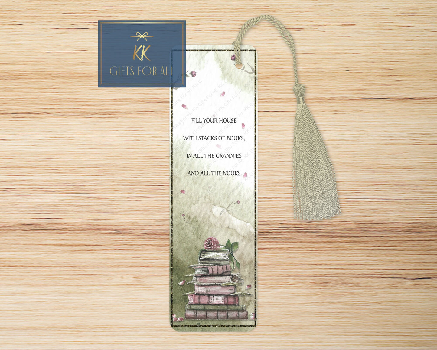 Green Bookmark, Personalised Bookmark, Watercolour Green Book Mark, Book Stack Bookmarker,