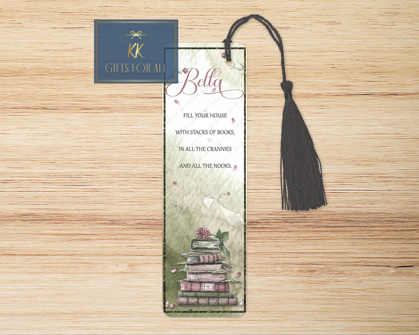 Green Bookmark, Personalised Bookmark, Watercolour Green Book Mark, Book Stack Bookmarker,