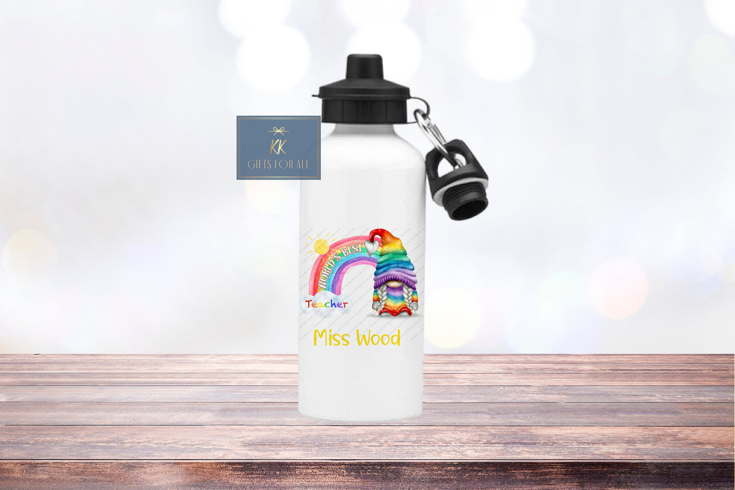 Personalised Rainbow Gonk Water Bottle, Gift For Teacher, Teacher Gonk Gift