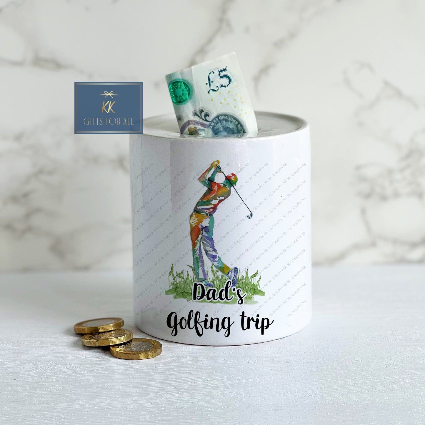 Personalised Ceramic Money Box, Golf Savings Pot, Dad's Golf Fund, Male Birthday Gift