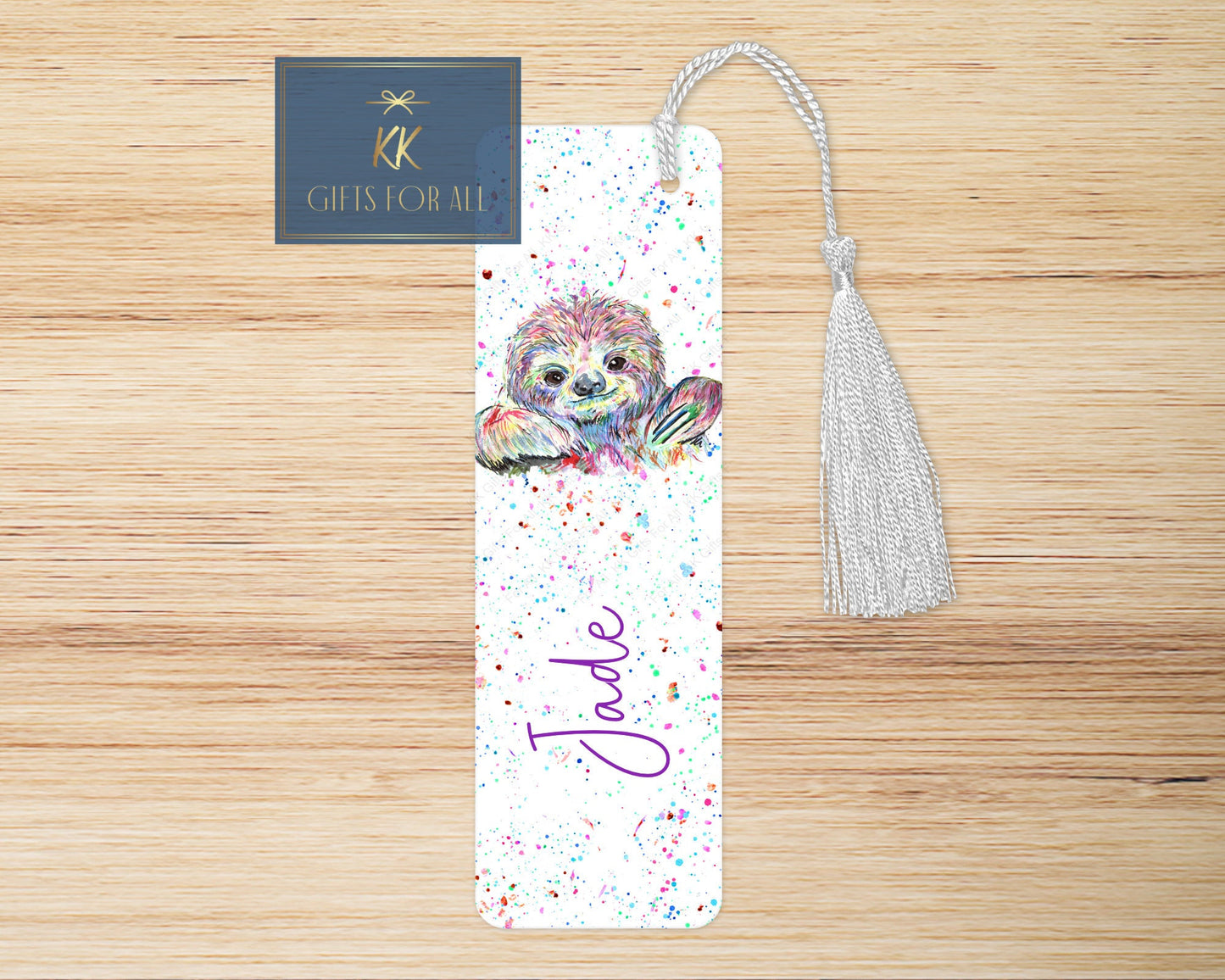 Personalised Rainbow Sloth Bookmark, Multicoloured Sloth Lover Letterbox Gifts, Girls Book Marker