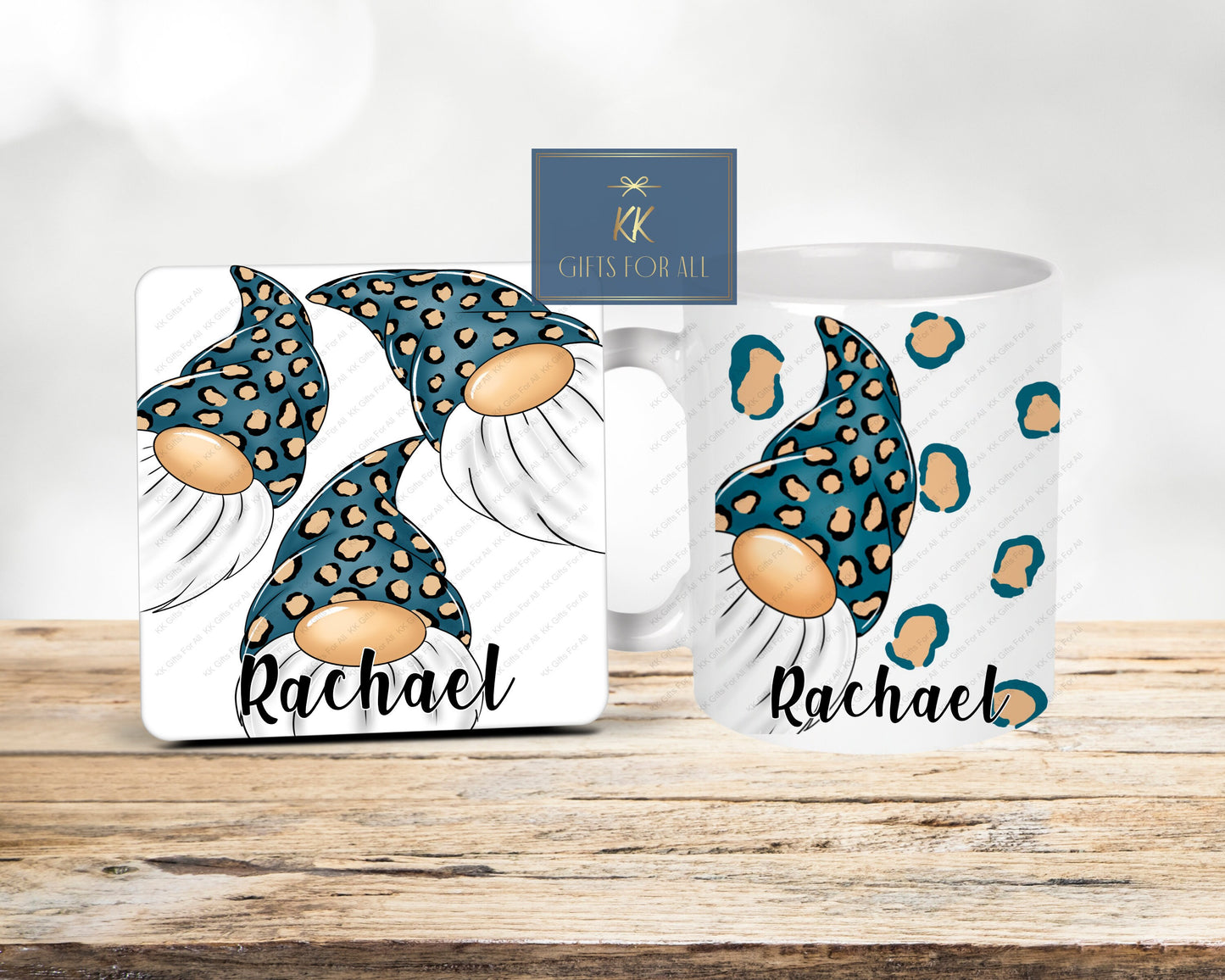 Gonk Mug & Coaster, Teal Leopard Prink Gonk, Gift For Mum, Personalised Mug, Ceramic Mug, Valentine's Gift For Wife Or Girlfriend, Gnome Mug