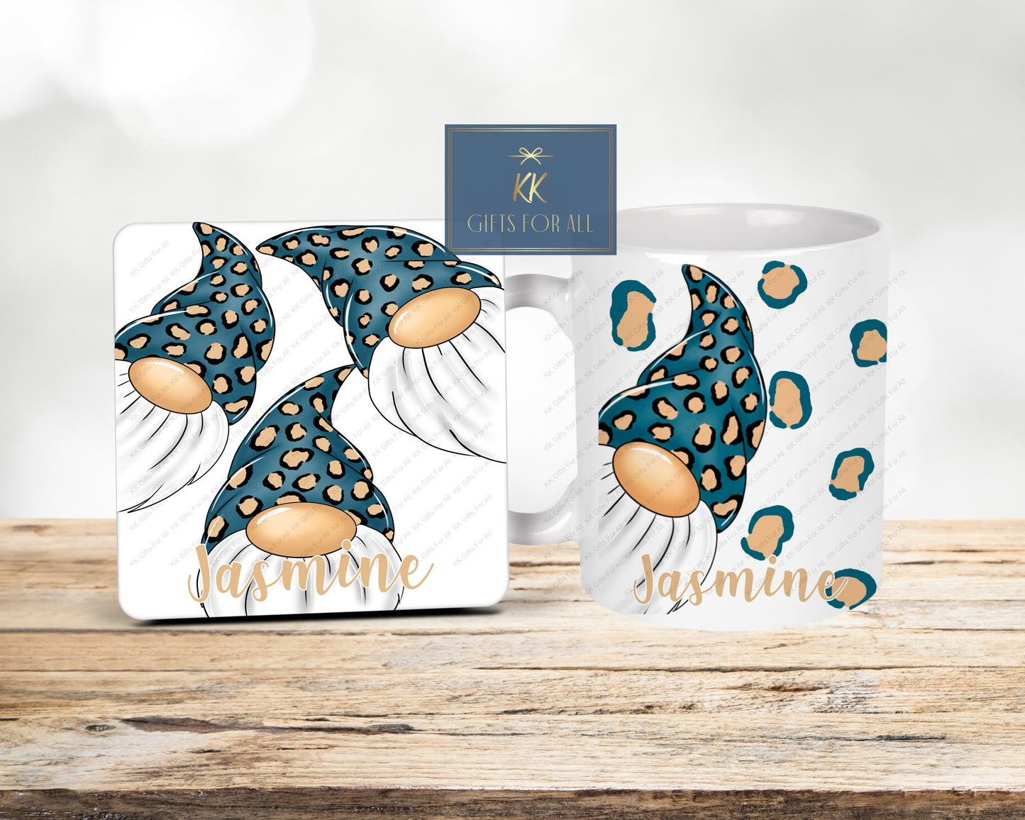 Gonk Mug & Coaster, Teal Leopard Prink Gonk, Gift For Mum, Personalised Mug, Ceramic Mug, Valentine's Gift For Wife Or Girlfriend, Gnome Mug