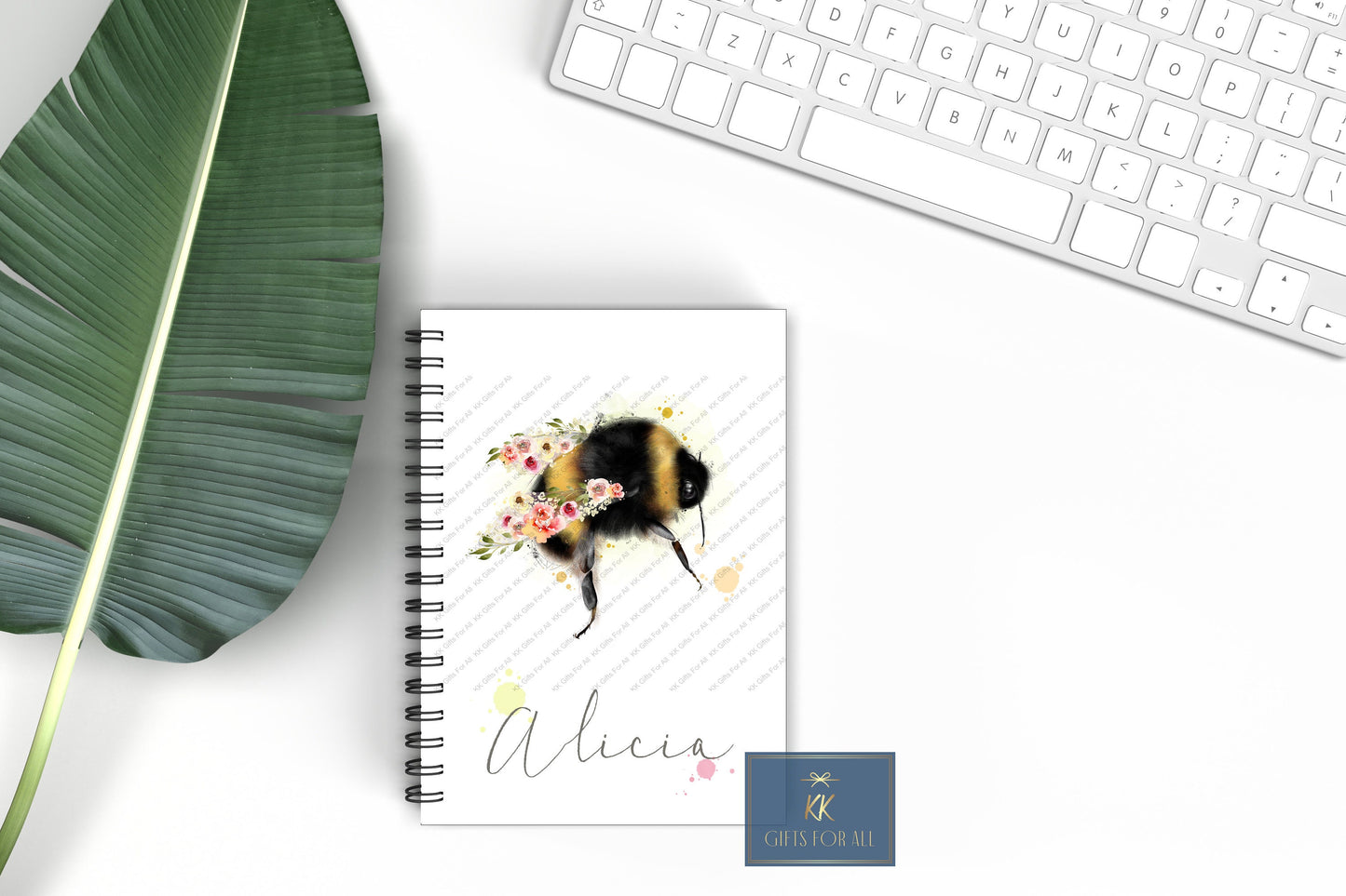 Floral Bee Personalised Notebook, Gift For Mum, Birthday Gift For Her, Personalised Notepad, A5 Notes, Watercolor Bee Flower Wings