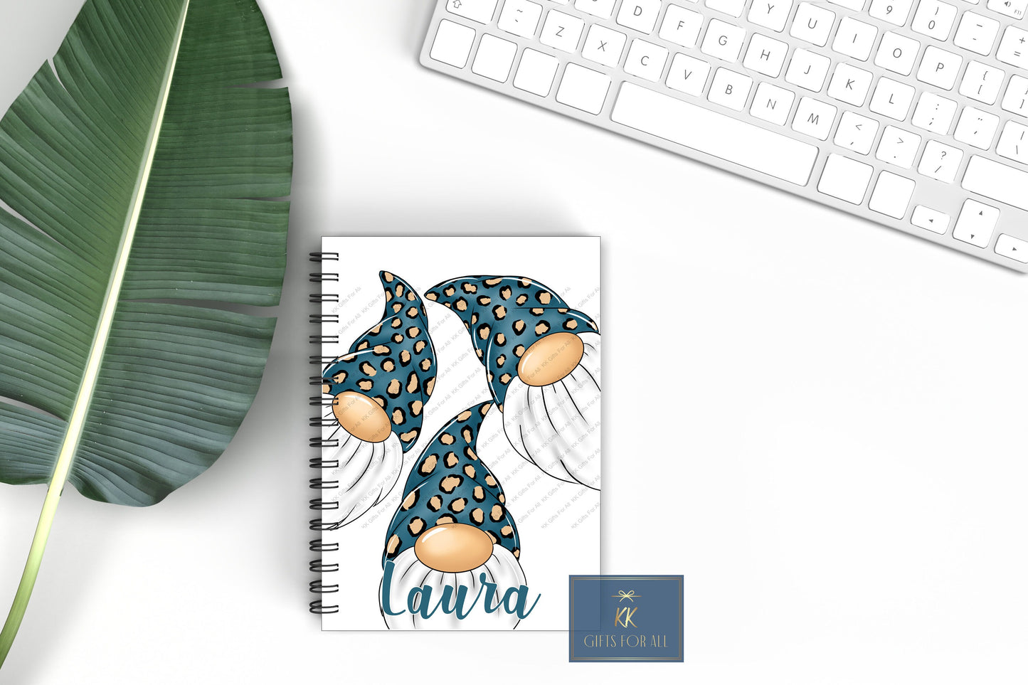 Teal Leopard Print Gonk Notebook, Gift For Mum, Friend, Birthday Gift For Her, Personalised Notepad, A5 binded lined Notes, Teal Tan Gnome