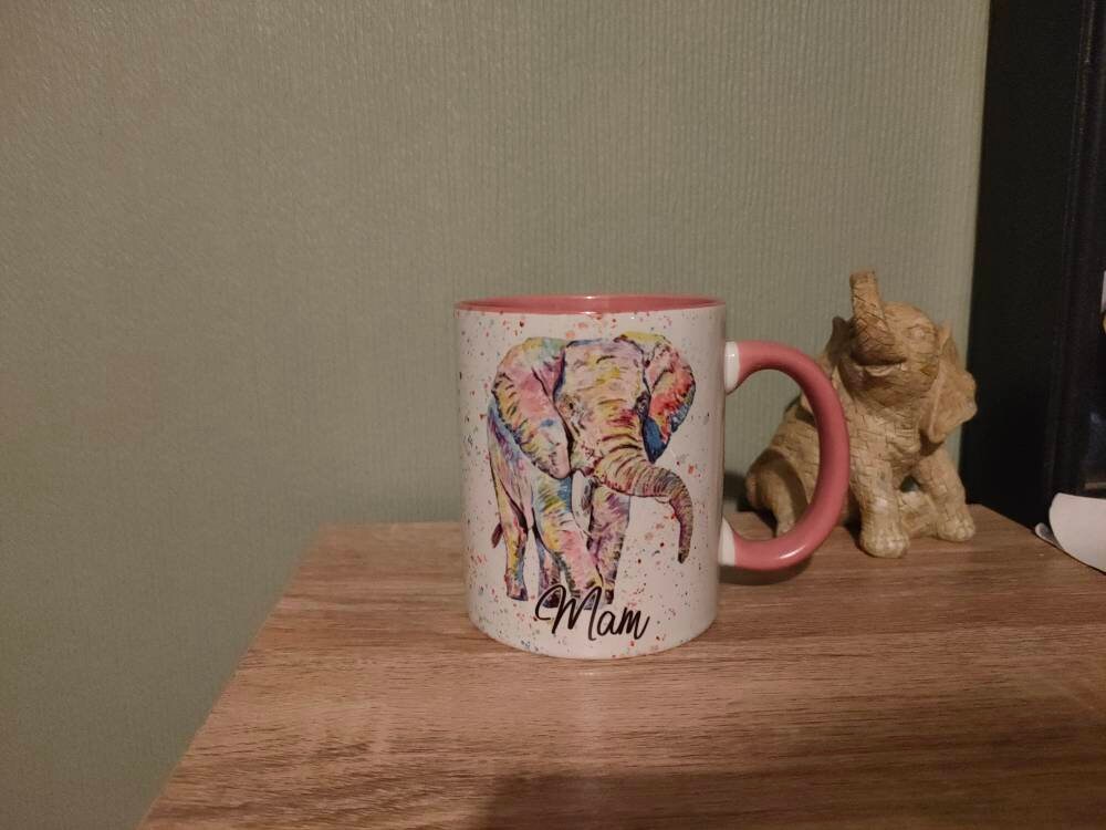Rainbow Elephant Personalised Mug & Coaster, Birthday Gift For Her, Anniversary Gift For Wife, Watercolour Elephant, Ceramic Coffee Mug