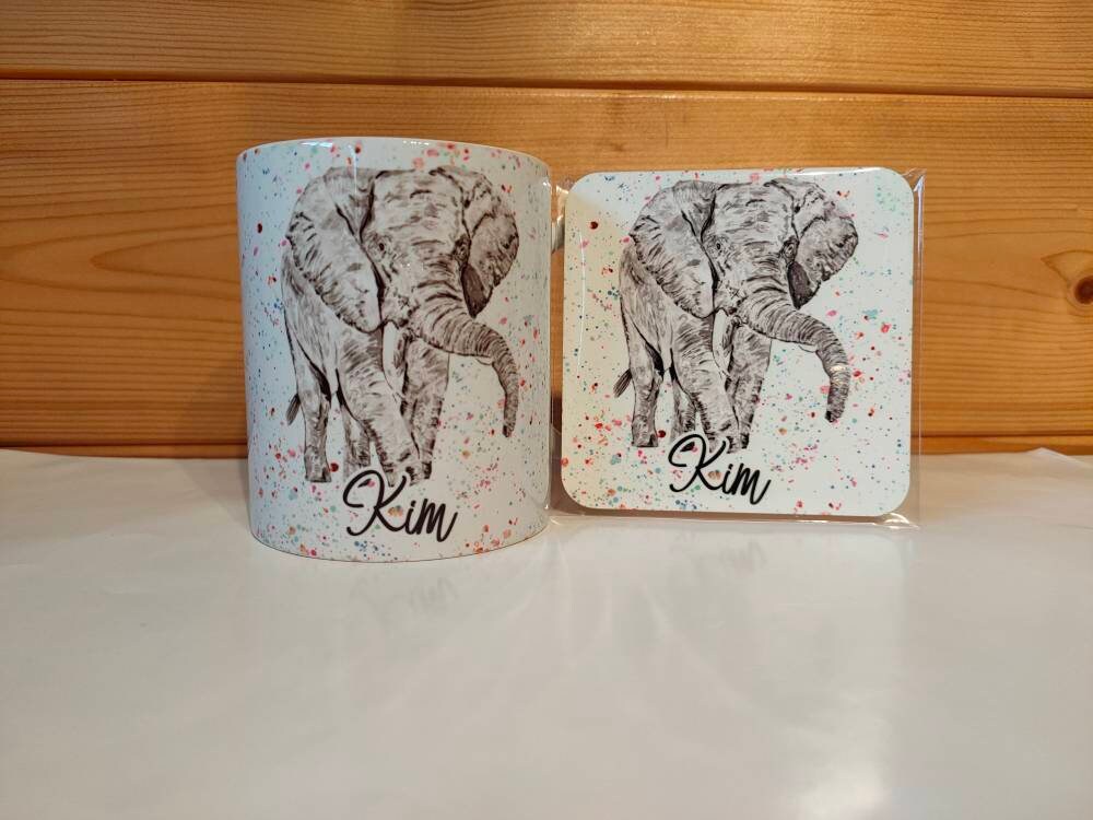 Grey Elephant Mug, Birthday Or Anniversary Gift Wife, Gifts For Friend, Mug And Coaster, Custom Gifts, Grey Elephant, Rainbow Background
