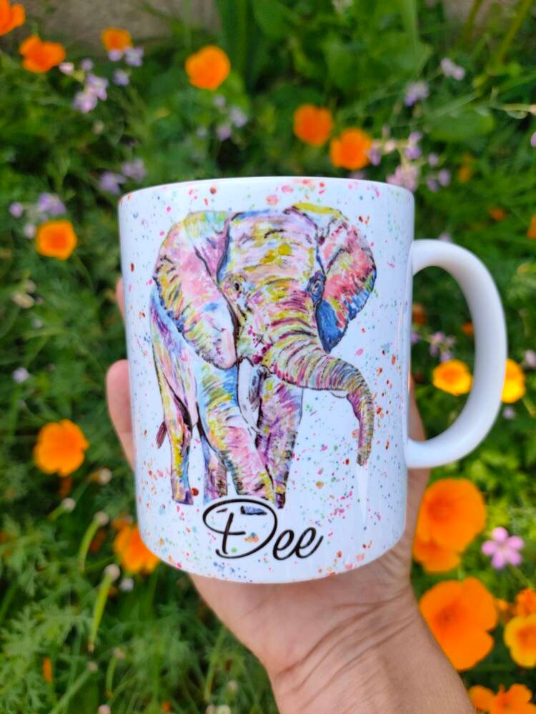 Personalised Rainbow Elephant Mug & Coaster, Multicolour Elephant Gift