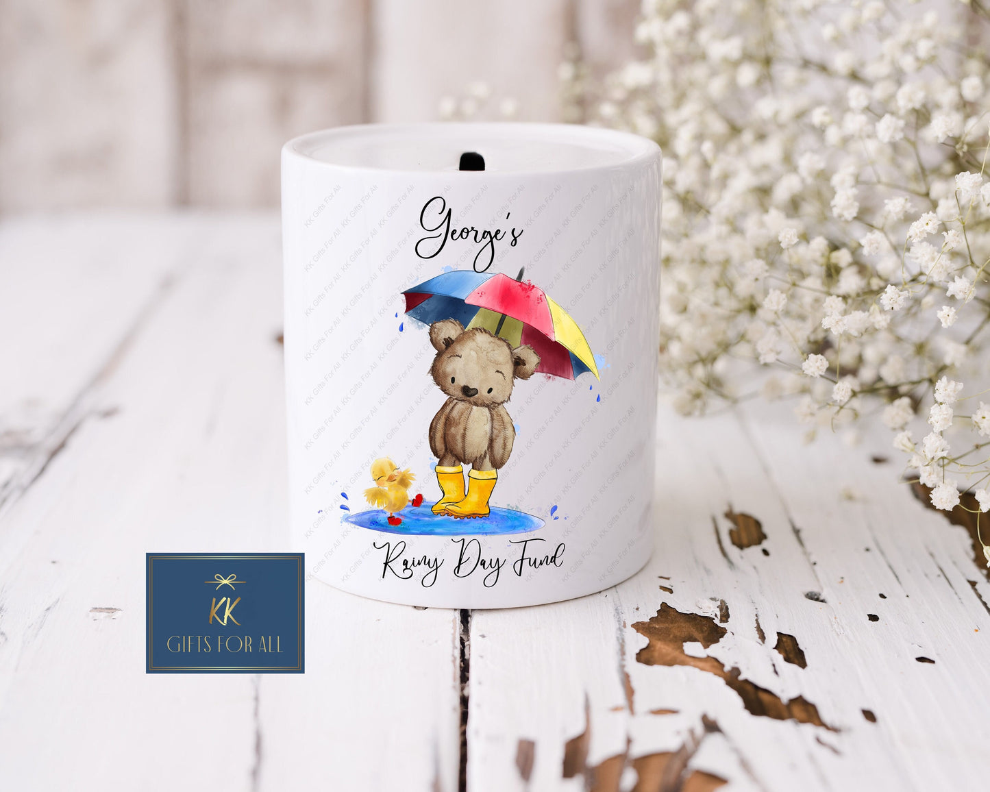 Personalised Money Box, Rainy Days Savings Pot, White Ceramic Savings Pot, Money Pot, Kids Piggy Bank, Gift For Children, New Baby Gift