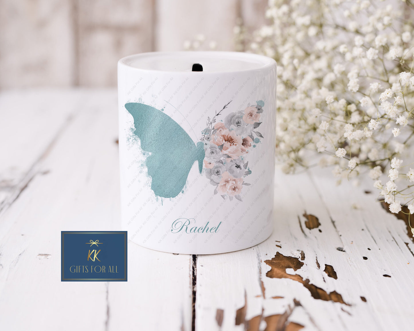 Personalised Money Box, Teal Butterfly Ceramic Savings Pot, Money Pot, Kids Piggy Bank, Adults Saving Box