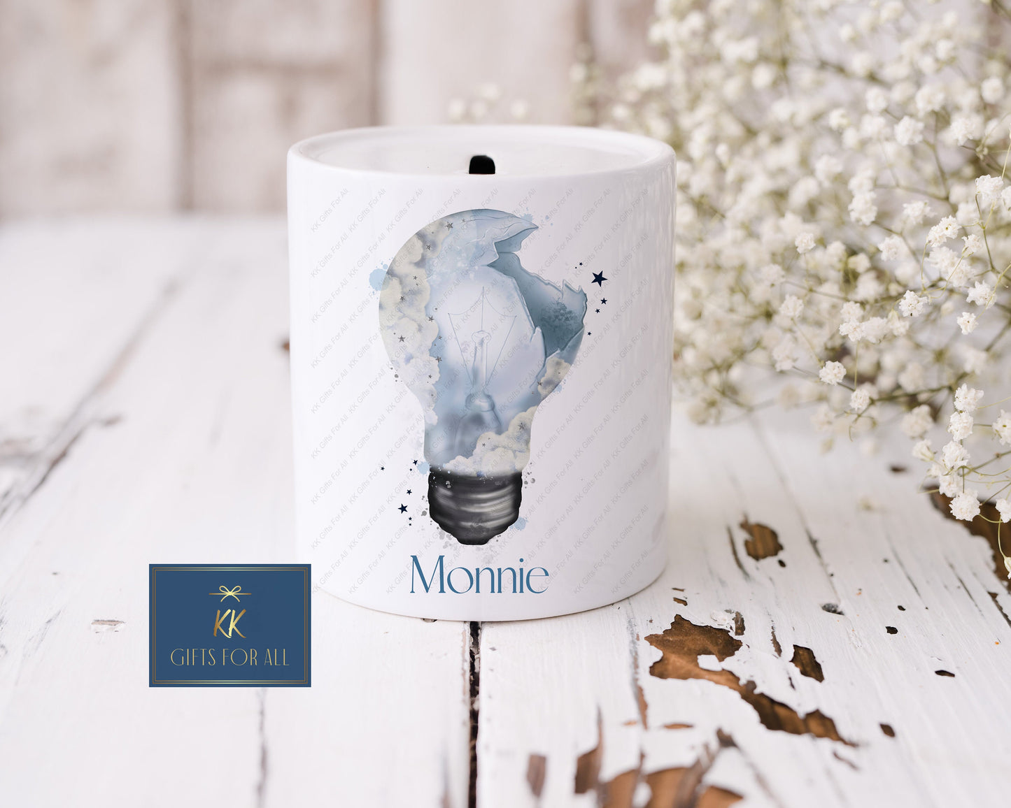 Personalised Money Box, White Ceramic Savings Pot, Lightbulb Money Pot, Adults Piggy Bank, Kids Saving Box