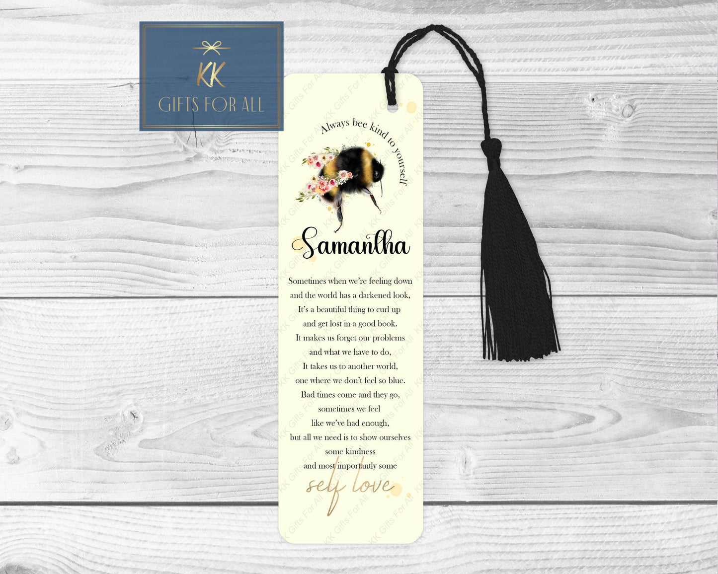 Personalised Floral Bee Bookmark, Self Care Bookmark Gift