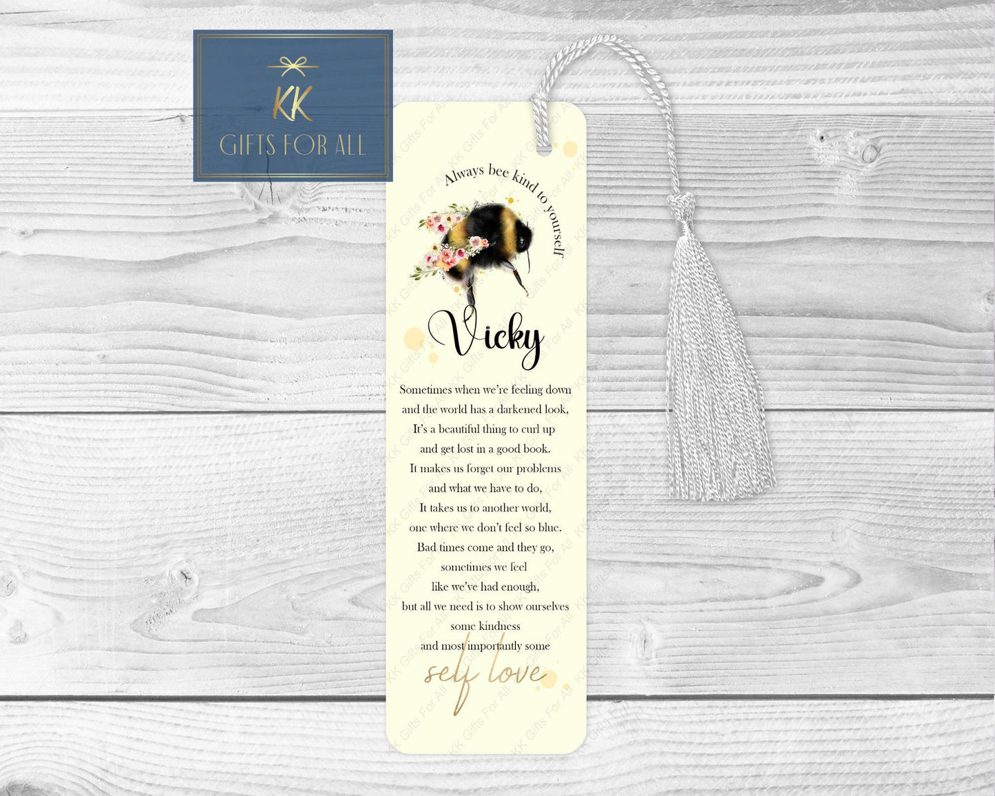 Personalised Floral Bee Bookmark, Self Care Bookmark Gift