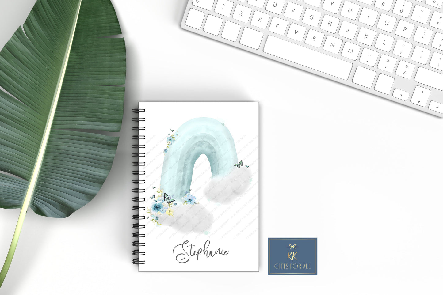 Floral Rainbow Notebook, Gift For Mum, Friend Birthday Gift, Personalised A5 Notepad, Wonky Blue Rainbow Notes