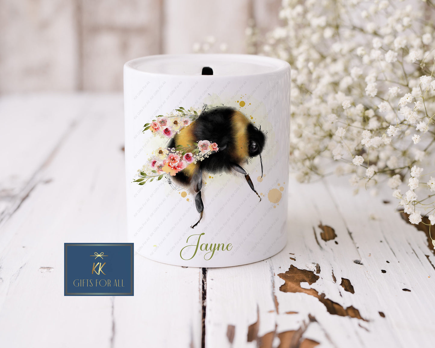 Personalised Floral Bee Money Box, White Ceramic Savings Pot, Child's Piggy Bank, Mum's Saving Box, Gift For Friend Birthday, Bee Keeper