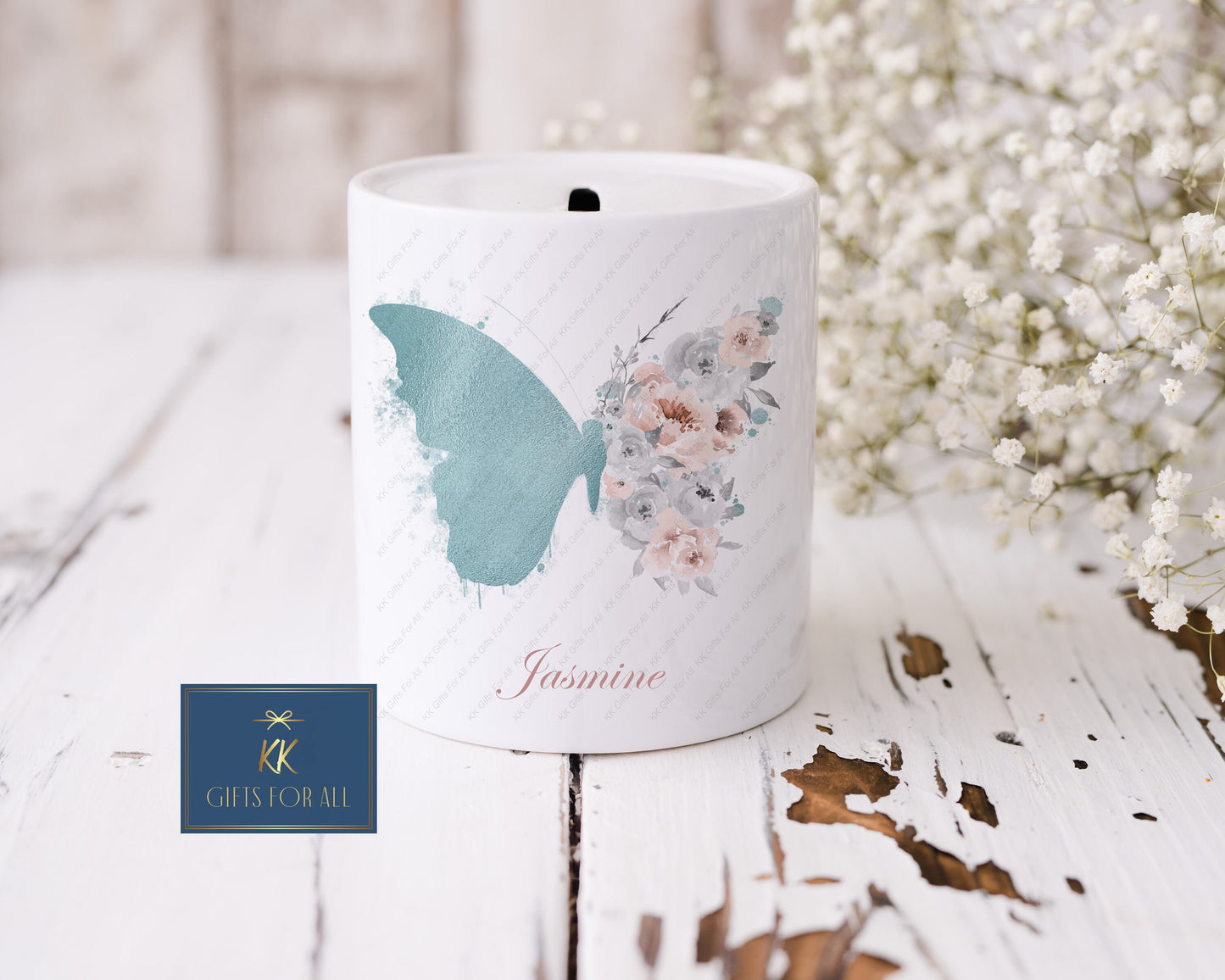Personalised Money Box, Teal Butterfly Ceramic Savings Pot, Money Pot, Kids Piggy Bank, Adults Saving Box