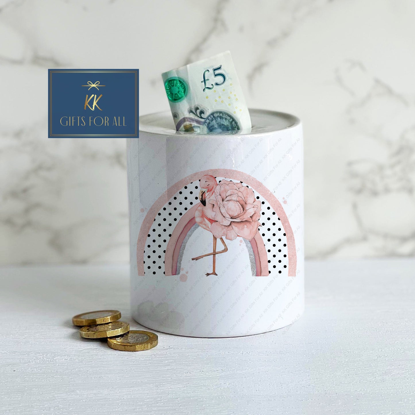 Personalised Flamingo Money Box, White Ceramic Savings Pot, Adults Money Pot, Child's Piggy Bank, Kids Saving Box, Mother's Day Gift