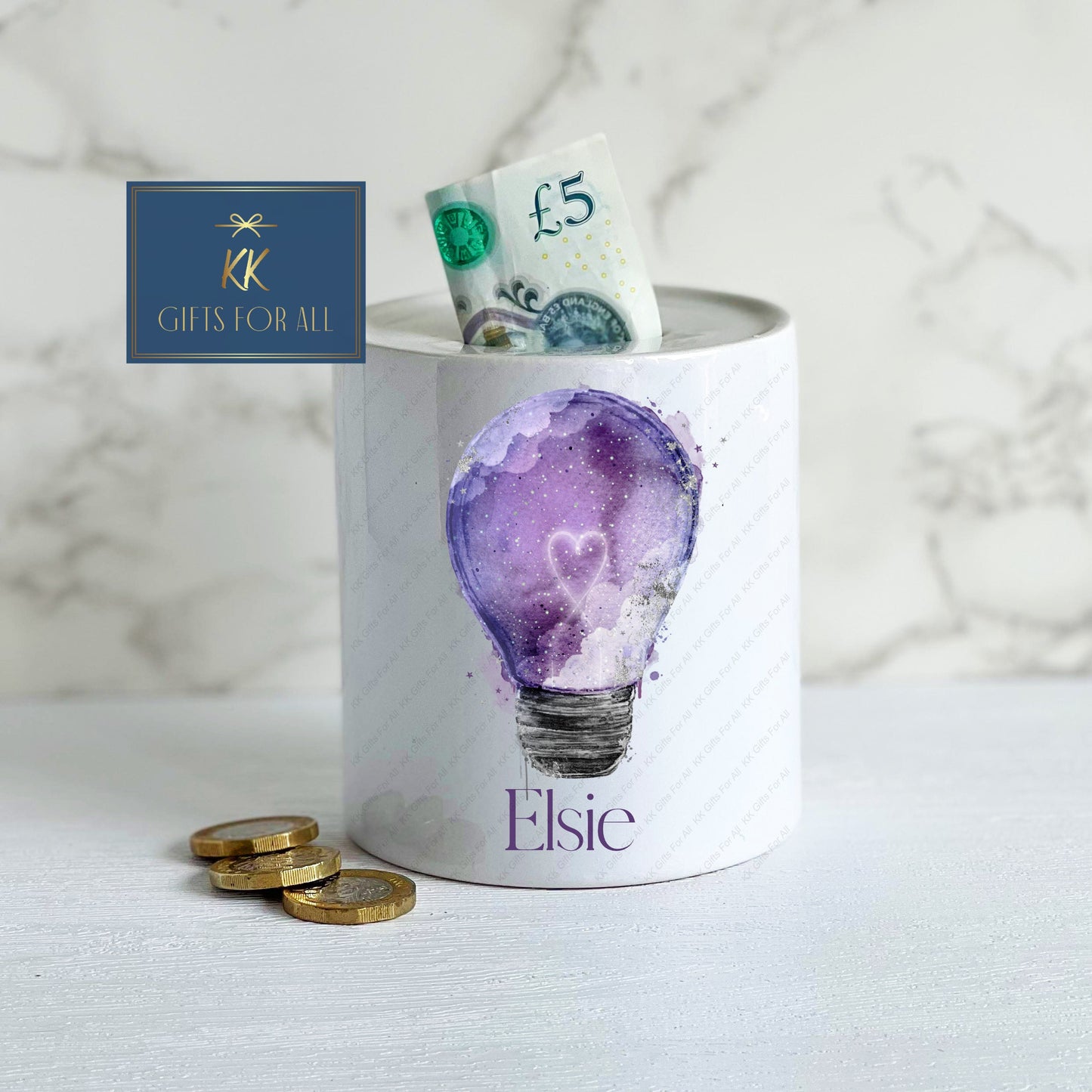 Personalised Money Box, Purple Galaxy Lightbulb Gift, White Ceramic Savings Pot, Money Pot, Piggy Bank, Kids Saving Box