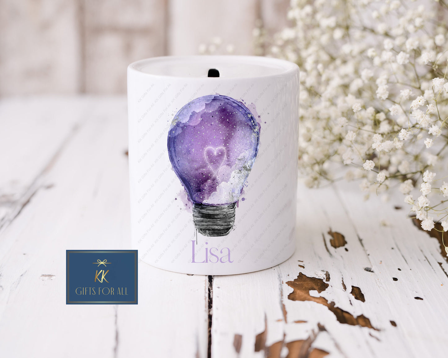 Personalised Money Box, Purple Galaxy Lightbulb Gift, White Ceramic Savings Pot, Money Pot, Piggy Bank, Kids Saving Box