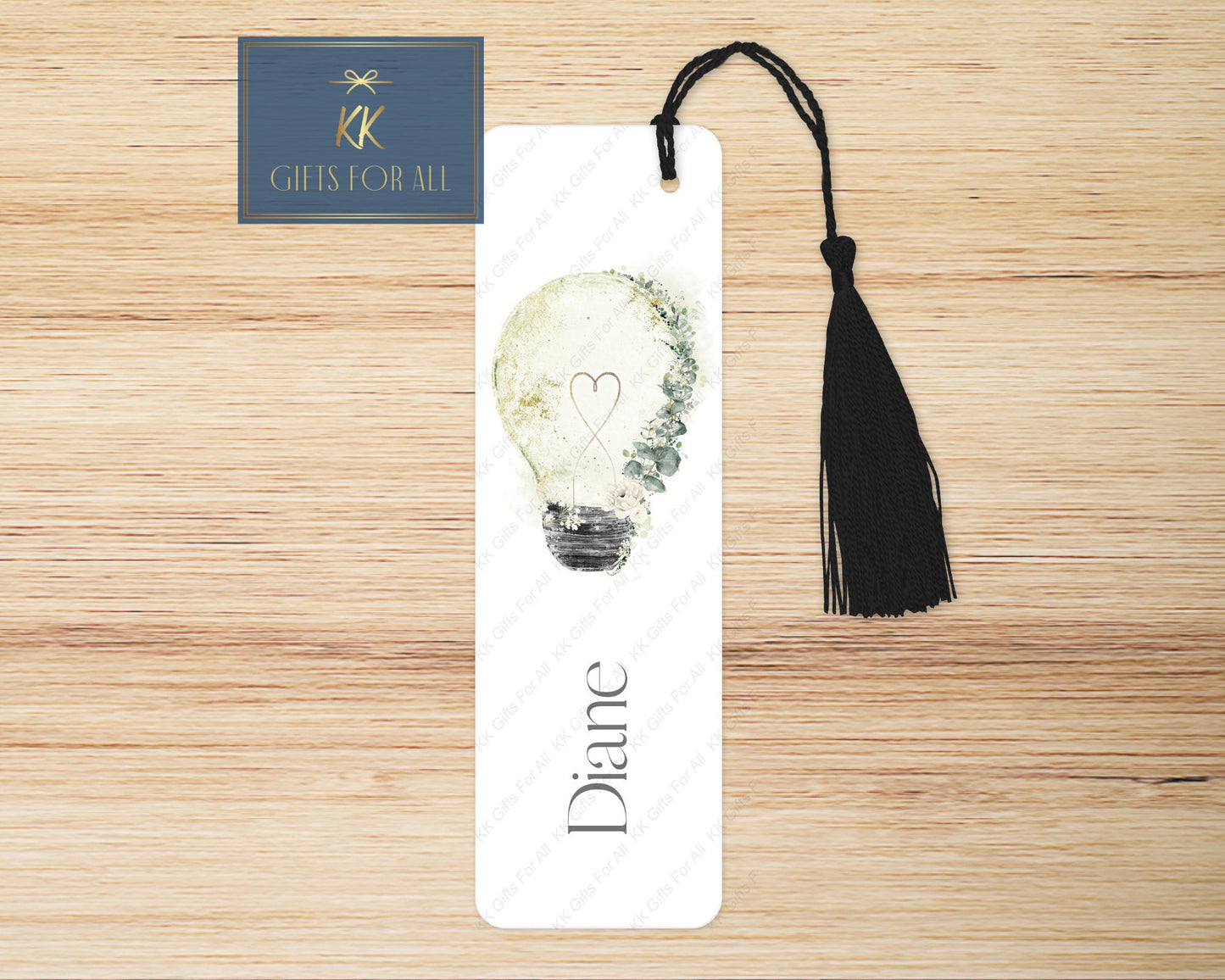 Personalised Sage Green Botanical Lightbulb Bookmark, Letterbox Gifts For Her