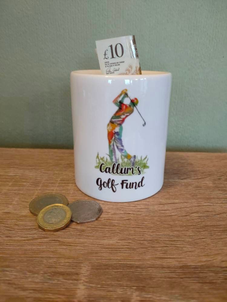 Personalised Ceramic Money Box, Golf Savings Pot, Dad's Golf Fund, Male Birthday Gift