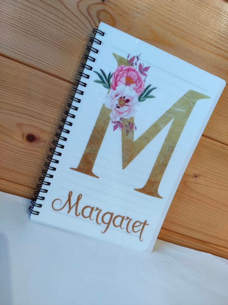 Personalised Notebook, Initial And Name Notepad For Her, Birthday Gift Ideas, Gold Initial With Floral Design, Office Notebook, Gift For Mum