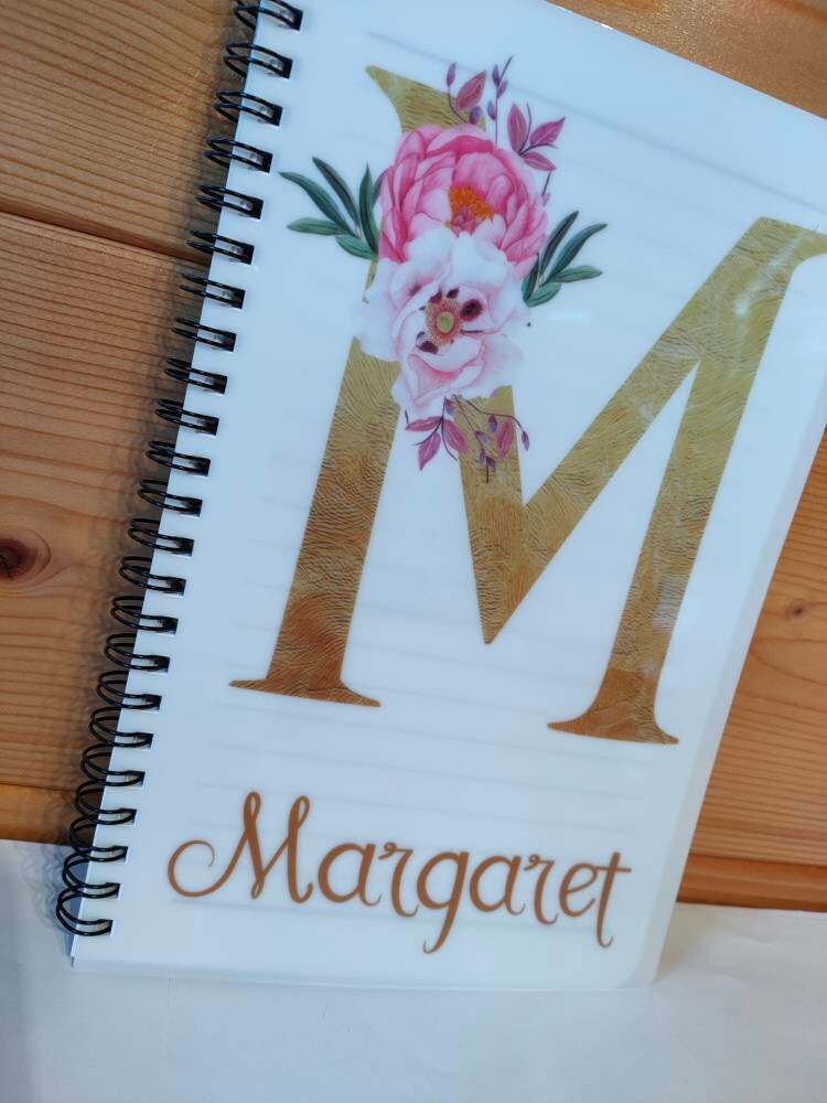 Personalised Notebook, Initial And Name Notepad For Her, Birthday Gift Ideas, Gold Initial With Floral Design, Office Notebook, Gift For Mum