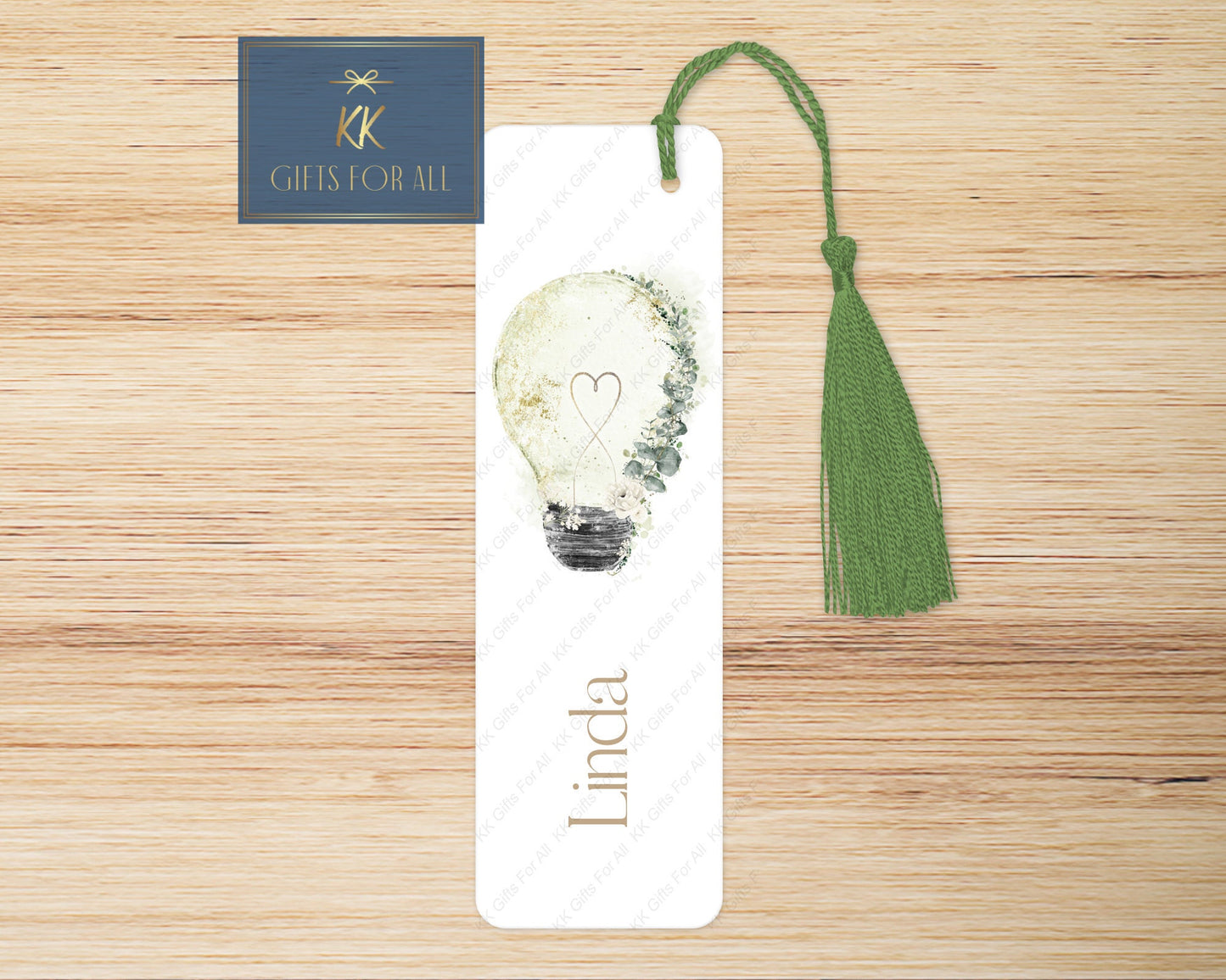 Personalised Sage Green Botanical Lightbulb Bookmark, Letterbox Gifts For Her
