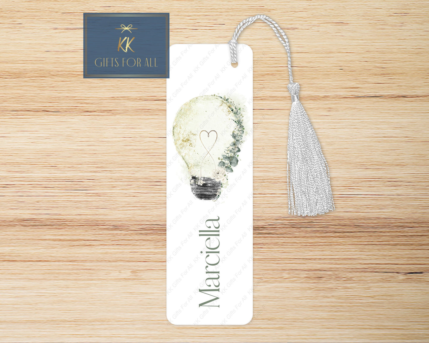 Personalised Sage Green Botanical Lightbulb Bookmark, Letterbox Gifts For Her