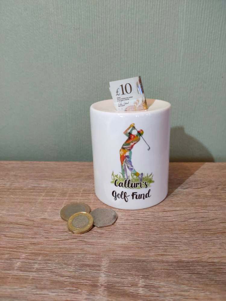 Personalised Ceramic Money Box, Golf Savings Pot, Dad's Golf Fund, Male Birthday Gift