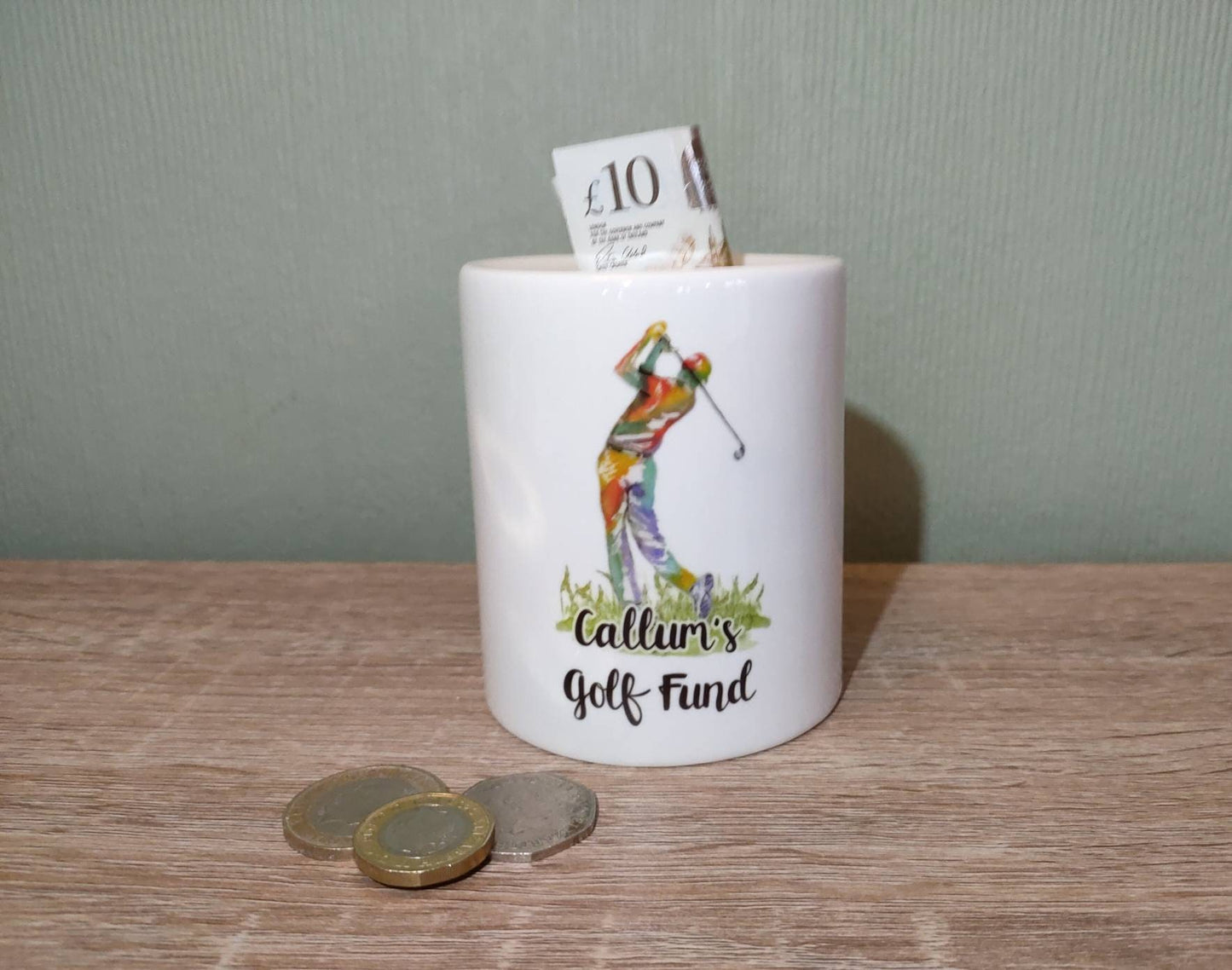 Personalised Ceramic Money Box, Golf Savings Pot, Dad's Golf Fund, Male Birthday Gift
