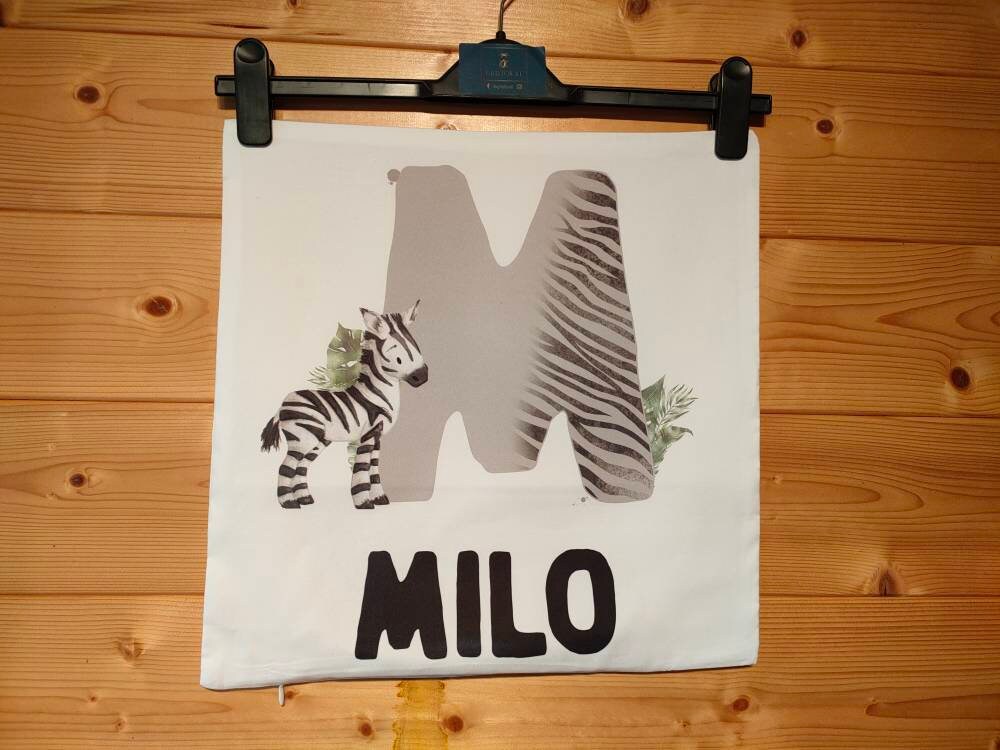 Personalised Cushion, Cushion Cover, Nursery Cushion, Name & Initial, Safari Zebra Cushion, Bedroom Decor, Unixe, Girl Or Boy Cushion